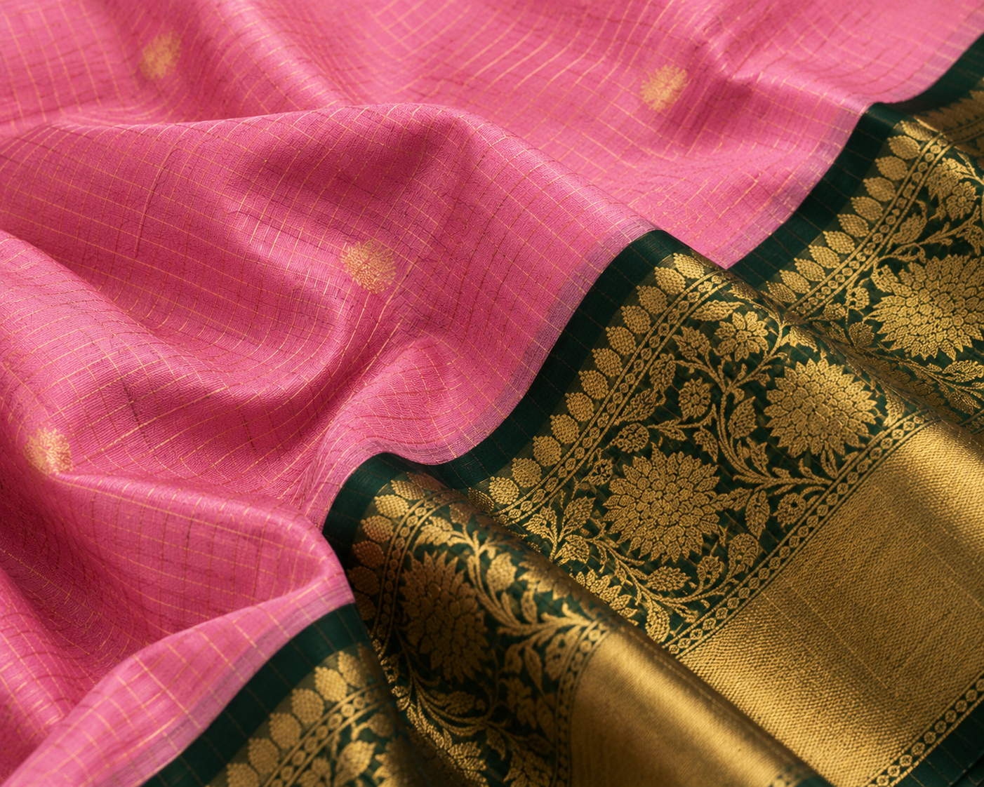 Pink Banarasi Katan Silk Saree with Green Gold Border