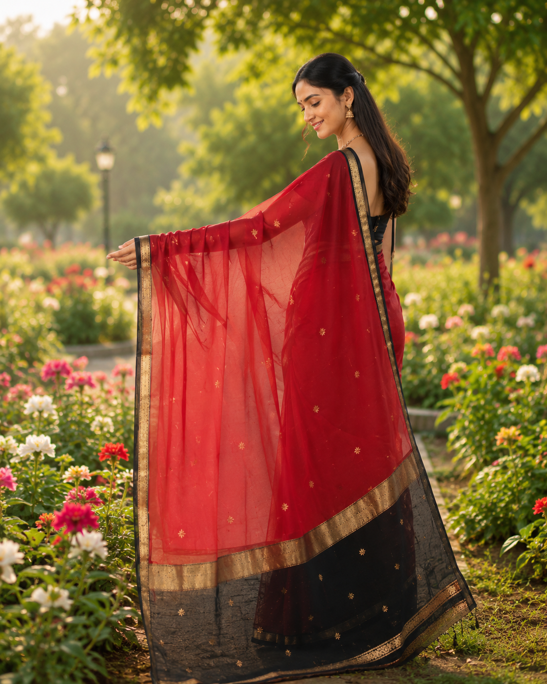 Crimson Red Cotton Saree with Black Gold Zari Border