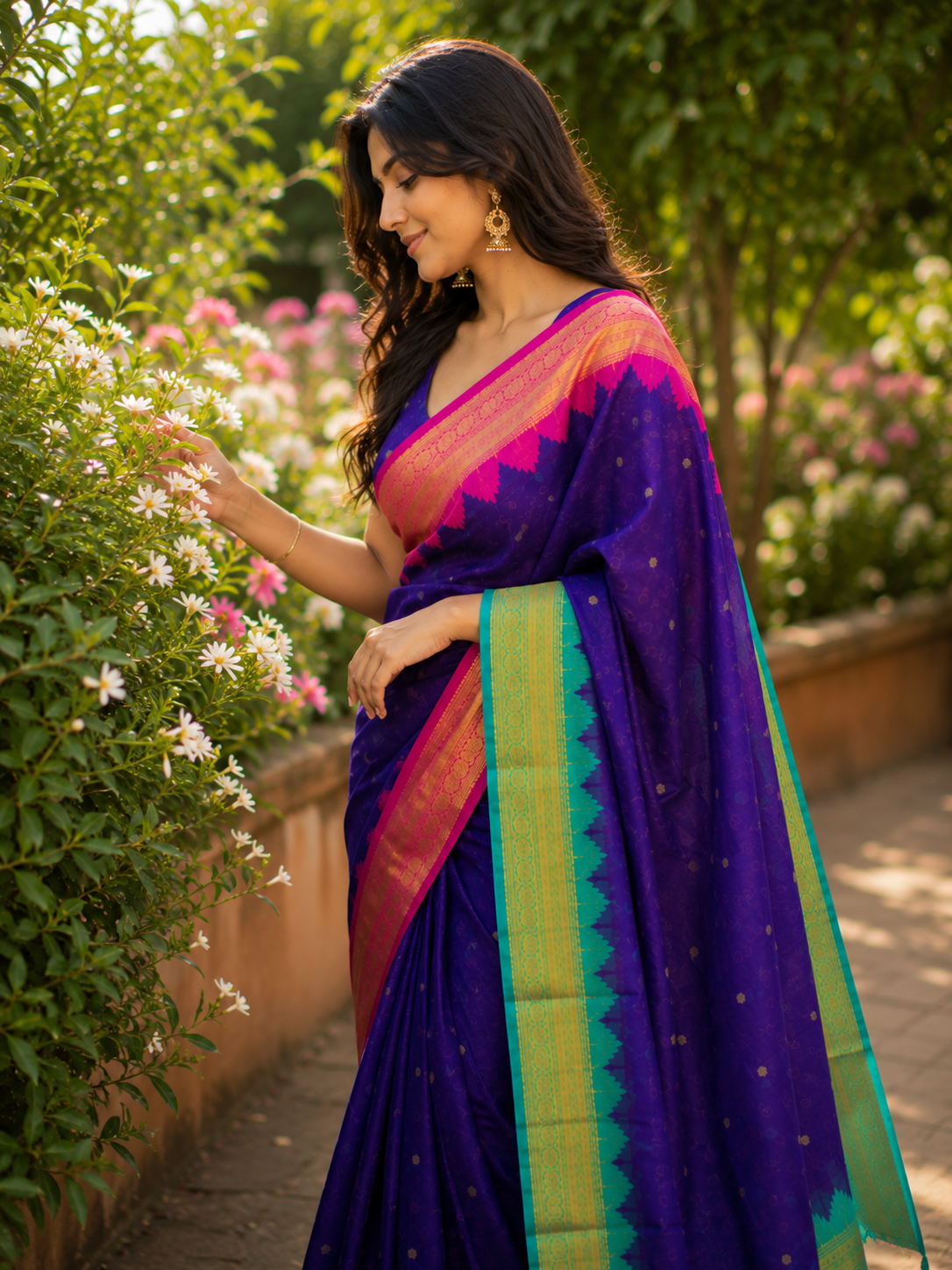 Royal Blue Katan Silk Saree with Gold Temple Border