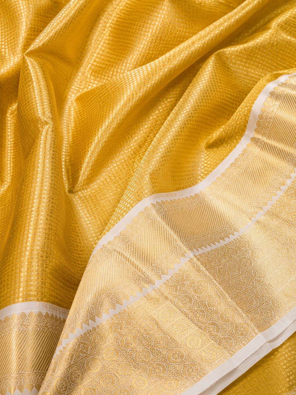 Golden Yellow Tissue Silk Saree with Gold Temple Border