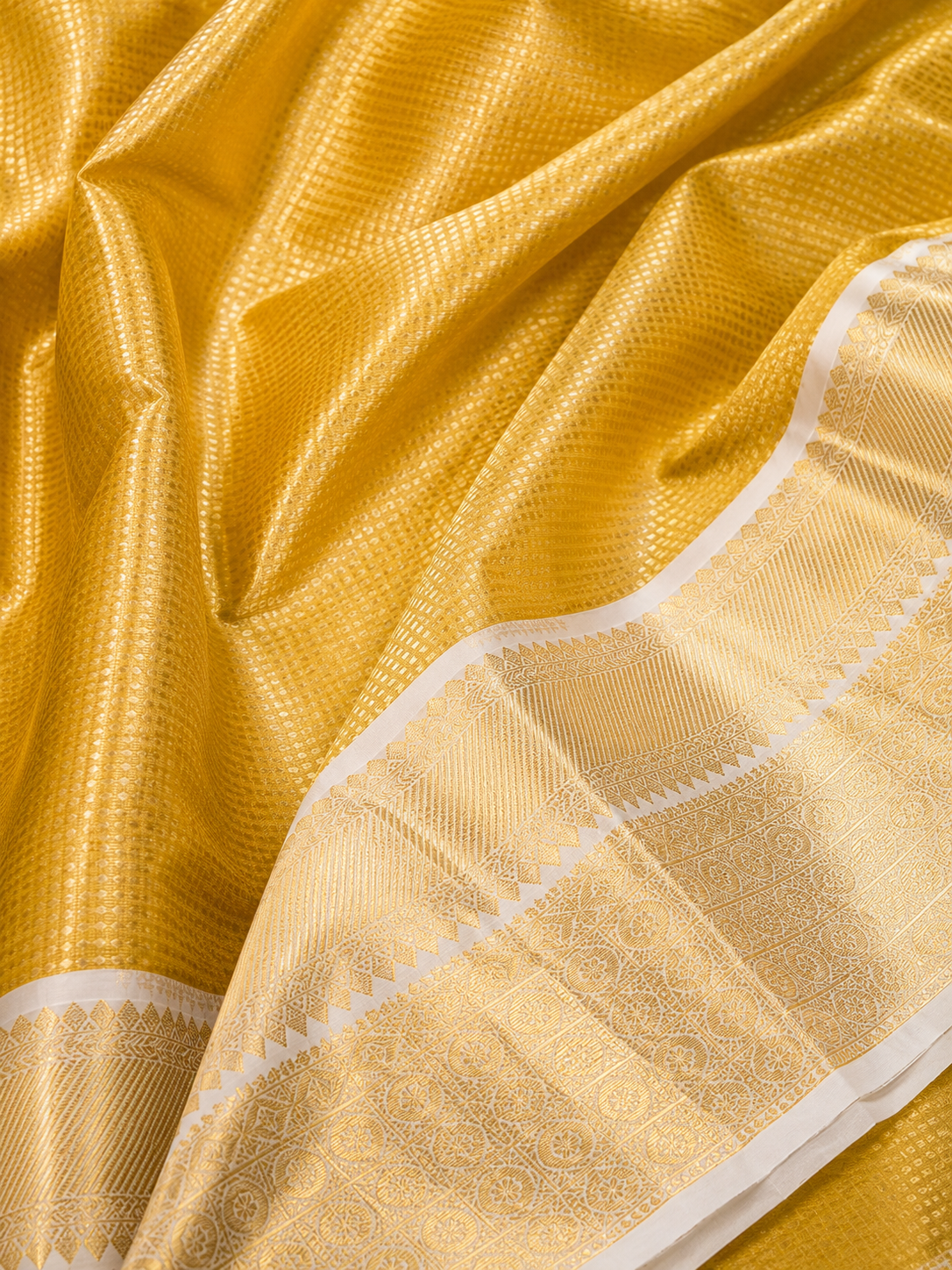 Golden Yellow Tissue Silk Saree with Gold Temple Border