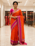 Orange Katan Silk Saree with Magenta Zari Border