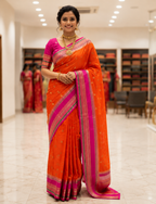 Orange Katan Silk Saree with Magenta Zari Border