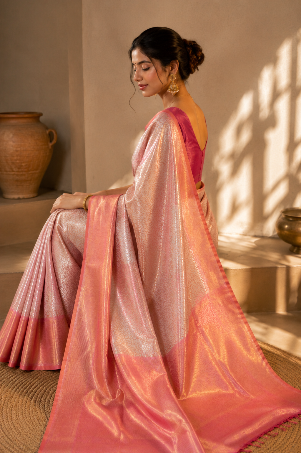 Peach Kanjivaram Silk Saree with Copper Zari Border