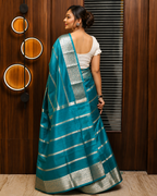Teal Banarasi Georgette Saree with Silver Jaal Zari Border