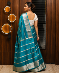 Teal Banarasi Georgette Saree with Silver Jaal Zari Border