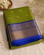 Olive Green Cotton Saree with Royal Blue Zari Border