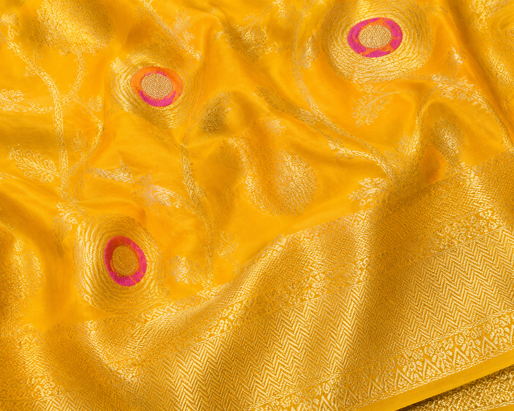 Mango Yellow Banarasi Georgette Saree with Meenakari Butis