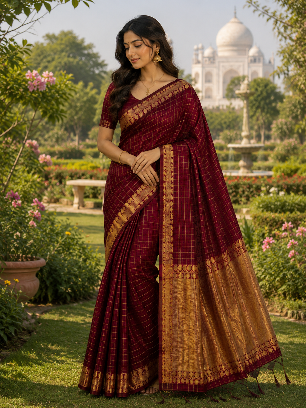 Maroon Cotton Check Saree with Gold Zari Border