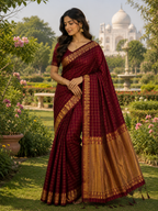 Maroon Cotton Check Saree with Gold Zari Border