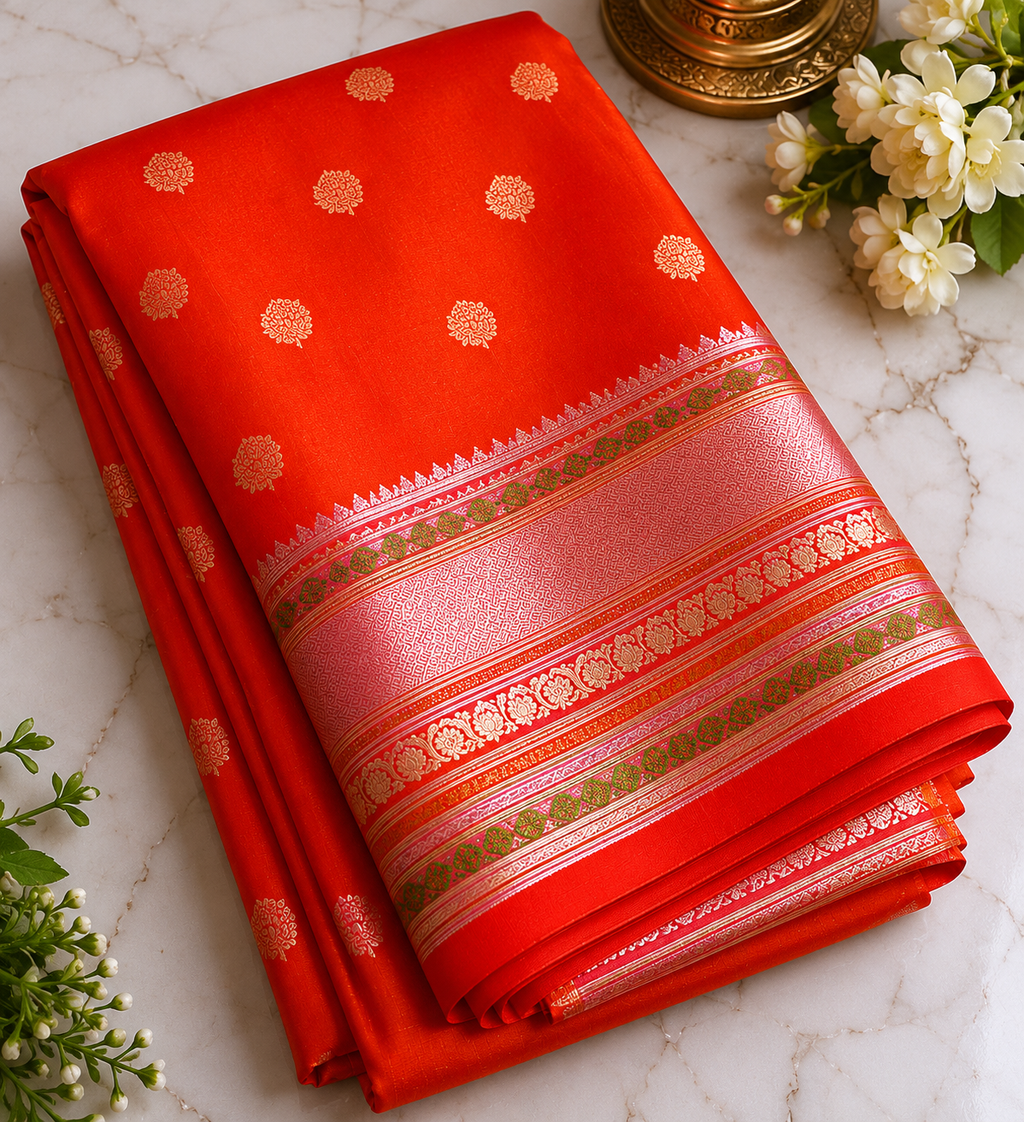 Orange Red Cotton Saree with Pink Gold Zari Border