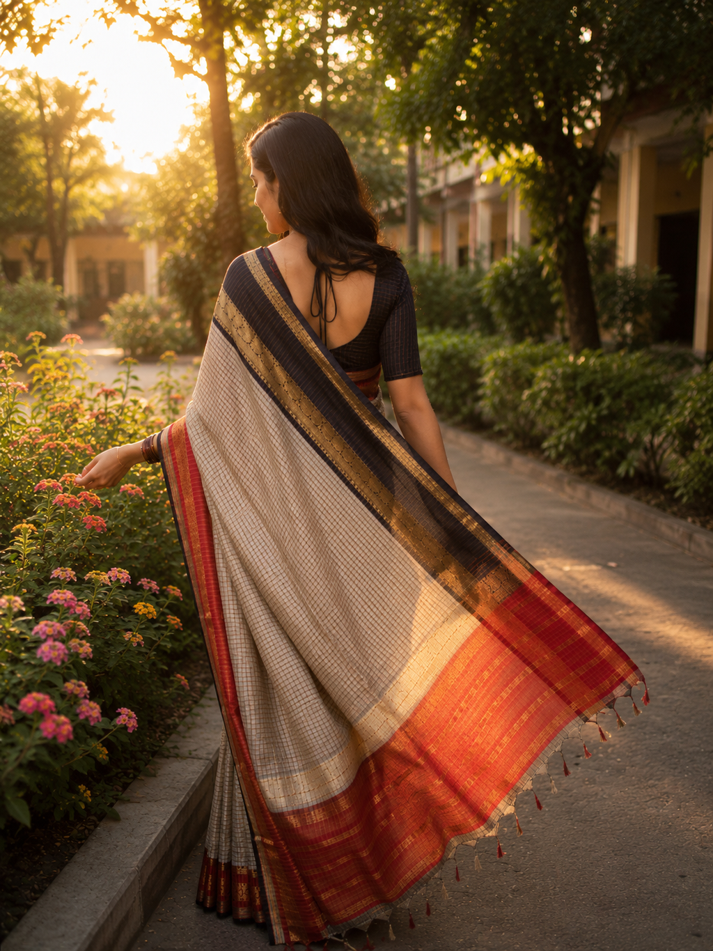 Ivory Tissue Silk Saree with Navy Blue & Red Zari Border