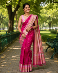 Magenta Katan Silk Saree with Rose Gold Zari Border