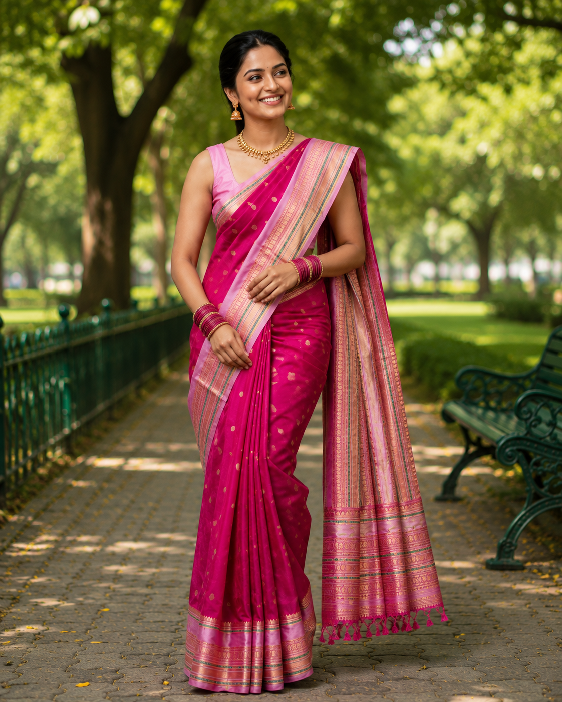 Magenta Katan Silk Saree with Rose Gold Zari Border