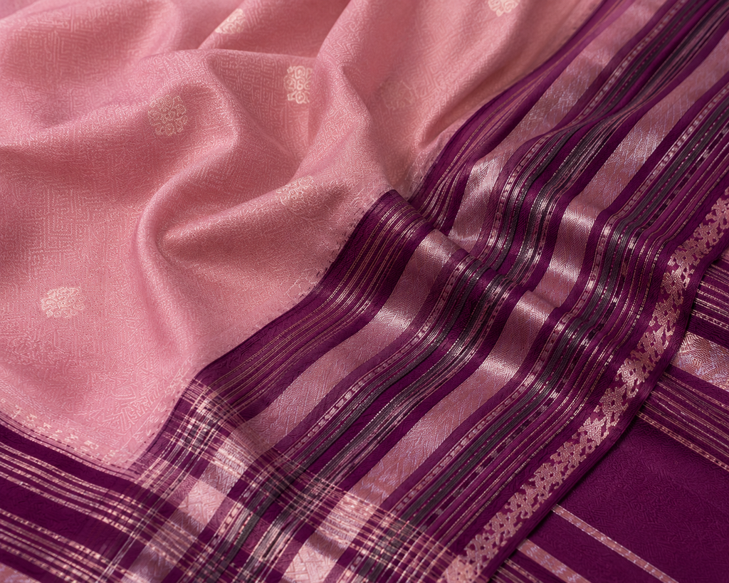 Blush Pink Katan Silk Saree with Purple Zari Border