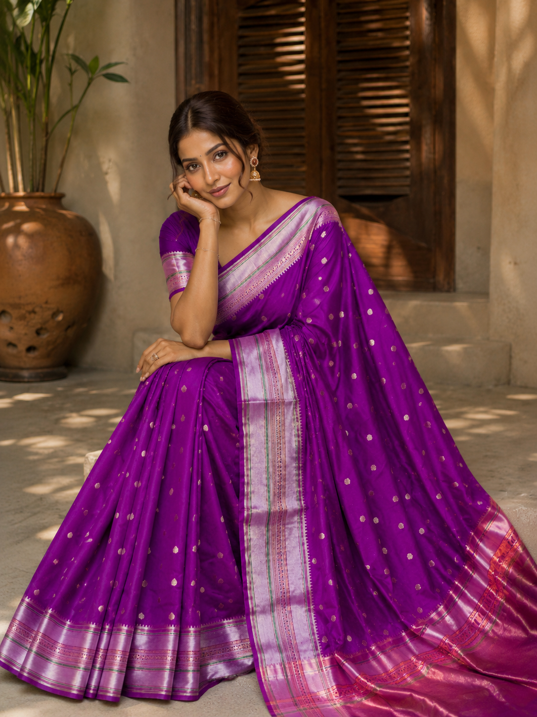 Royal Purple Cotton Saree with Lavender Pink Zari Border