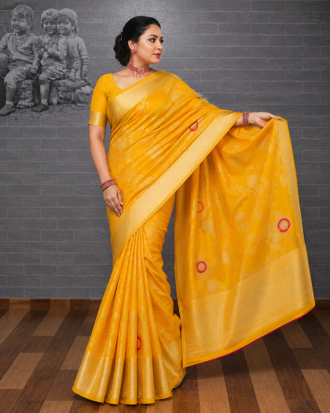 Mango Yellow Banarasi Georgette Saree with Meenakari Butis