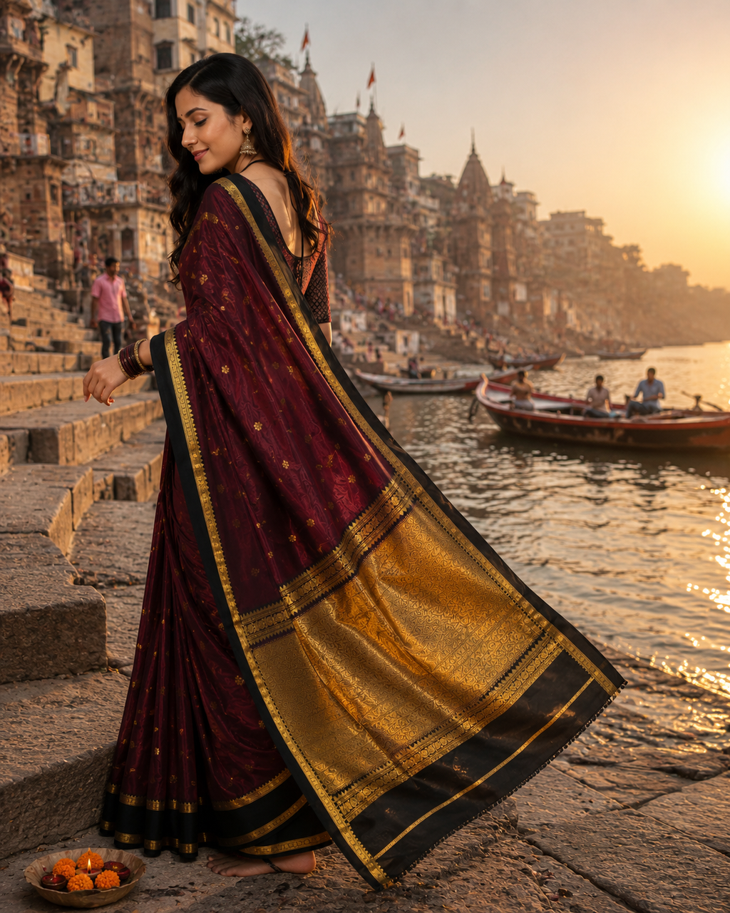 Deep Maroon Banarasi Katan Softy Saree with Gold Border