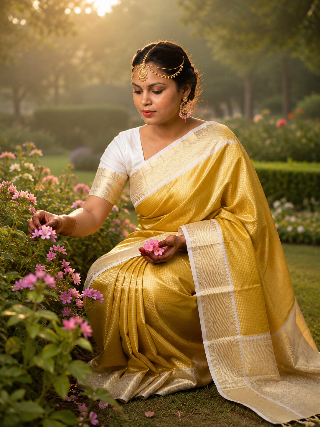 Golden Yellow Tissue Silk Saree with Gold Temple Border