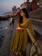 Olive Katan Silk Softy Saree with Gold Zari Border