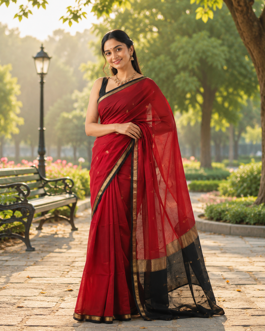 Crimson Red Cotton Saree with Black Gold Zari Border