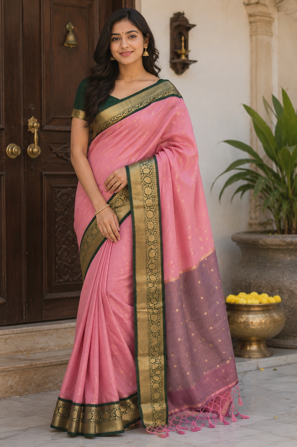 Pink Banarasi Katan Silk Saree with Green Gold Border