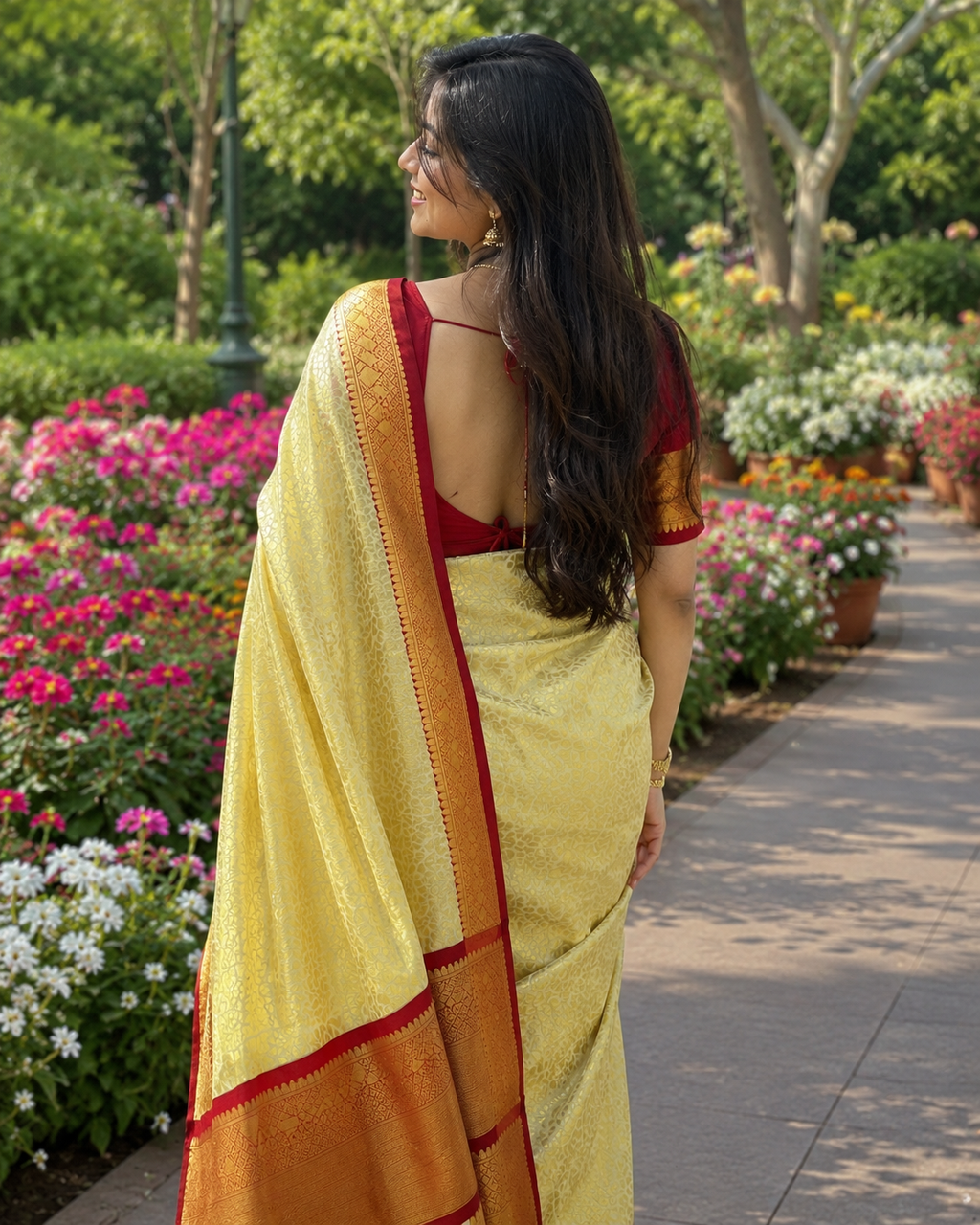 Lime Yellow Banarasi Georgette Saree with Red Gold Border