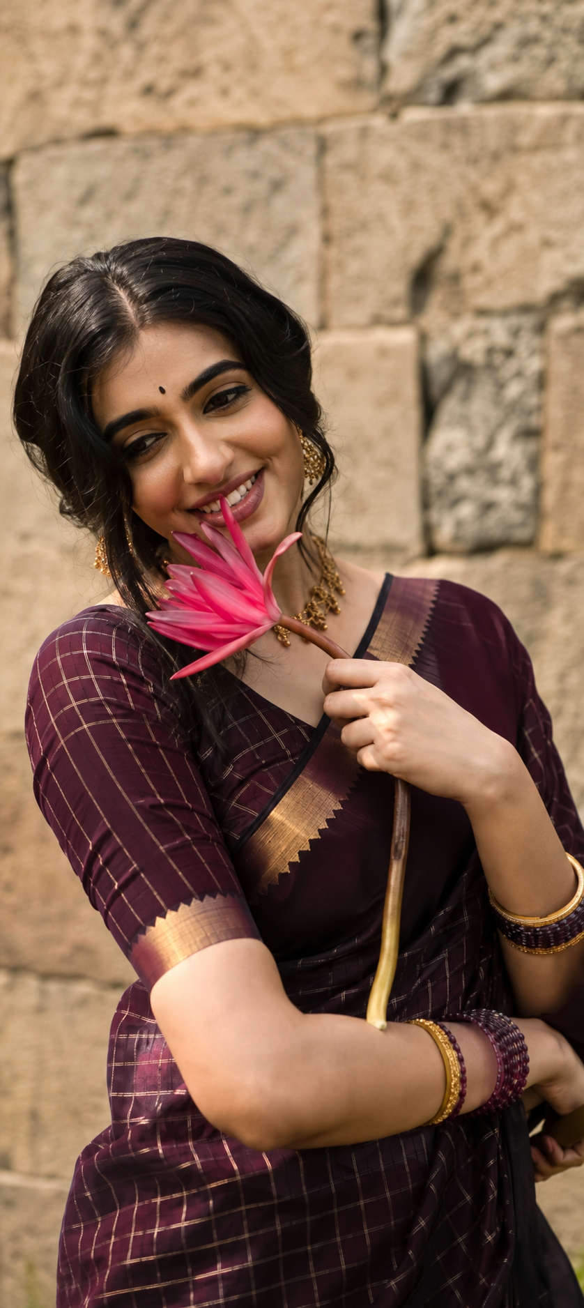 Deep Plum Cotton Silk Saree with Gold Zari Border