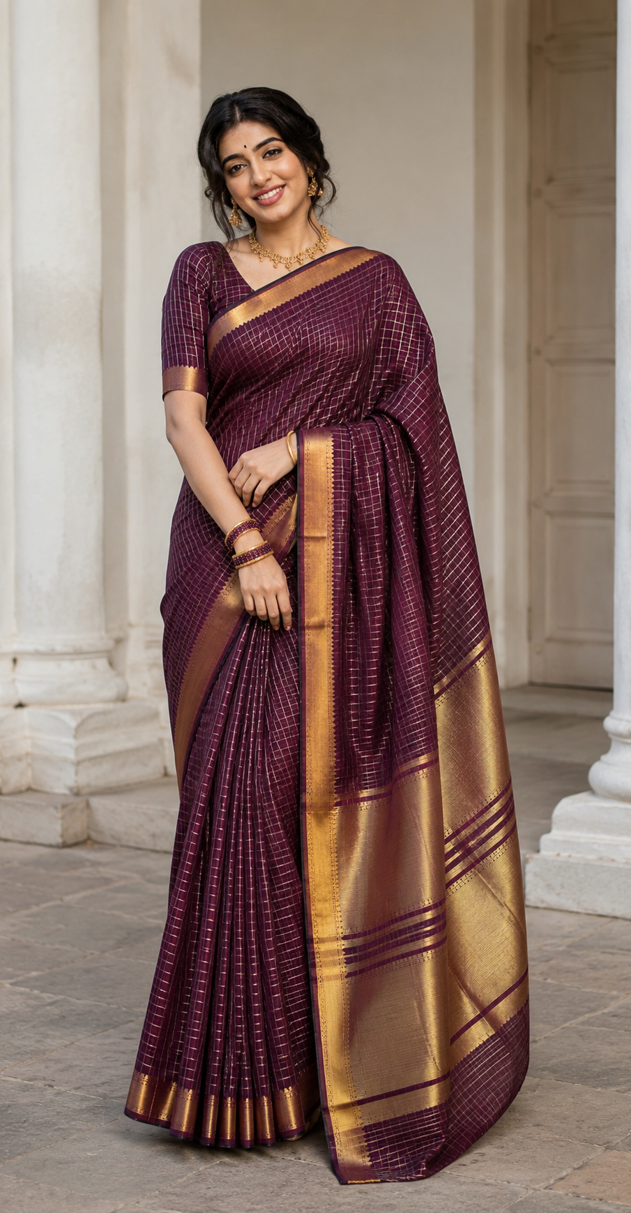 Deep Plum Cotton Silk Saree with Gold Zari Border
