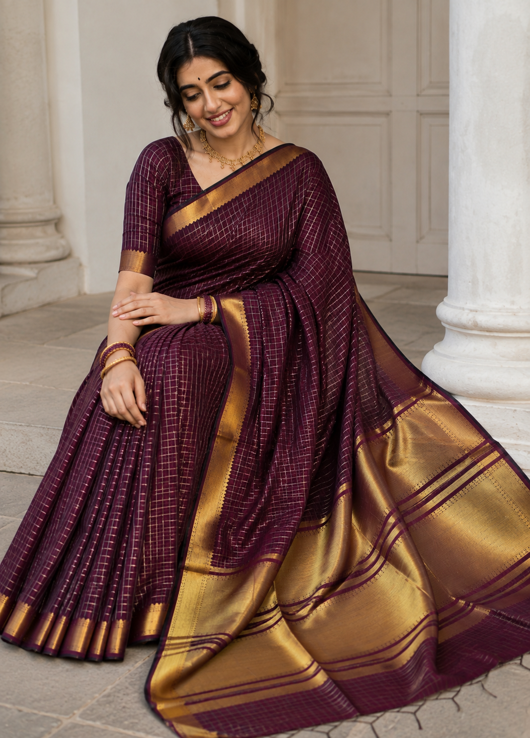 Deep Plum Cotton Silk Saree with Gold Zari Border