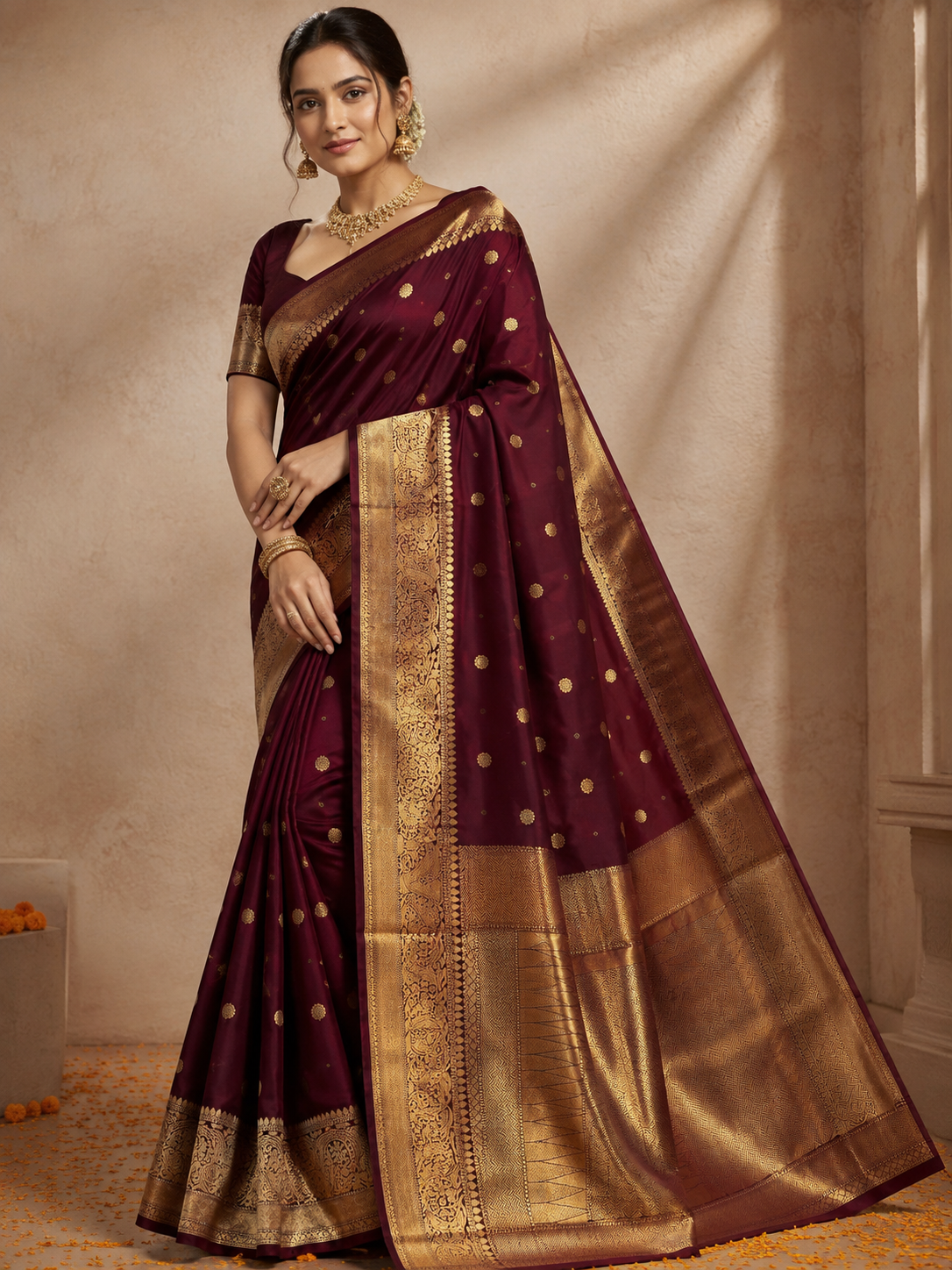 Wine Banarasi Semi Katan Silk Buti Saree