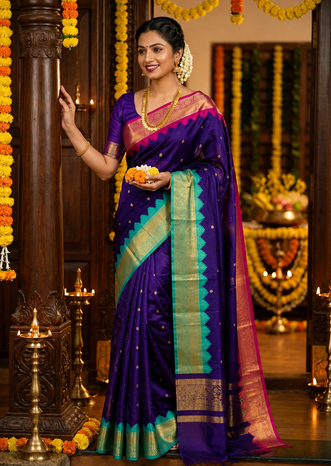 Royal Blue Katan Silk Saree with Gold Temple Border