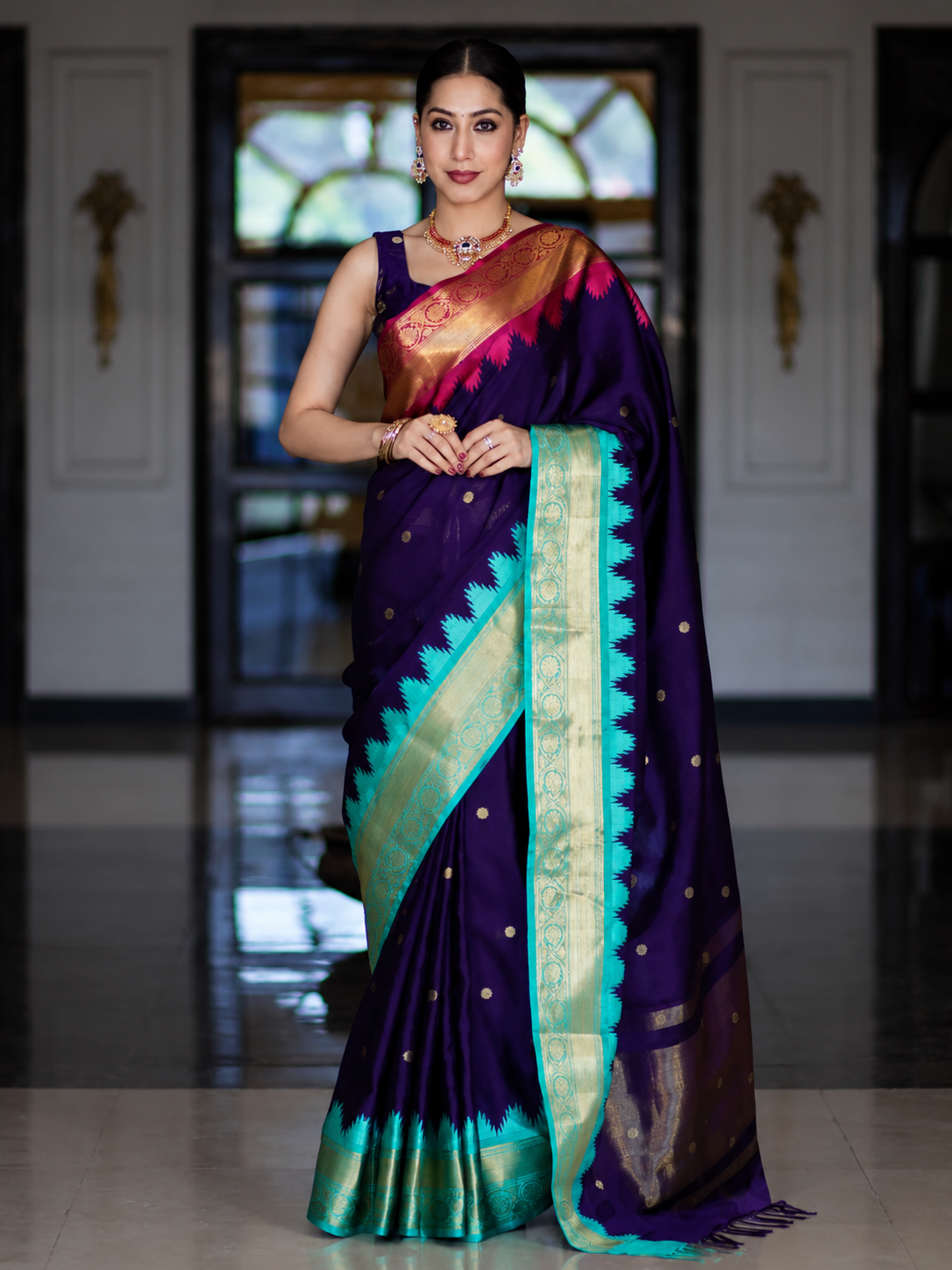 Royal Blue Katan Silk Saree with Gold Temple Border