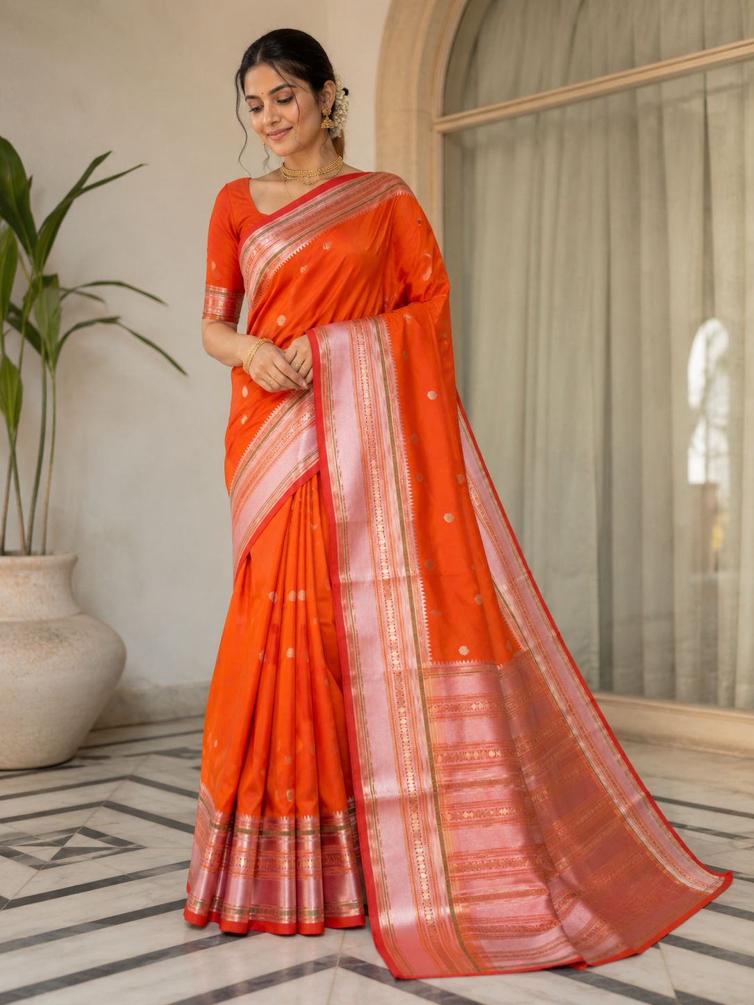 Orange Red Cotton Saree with Pink Gold Zari Border