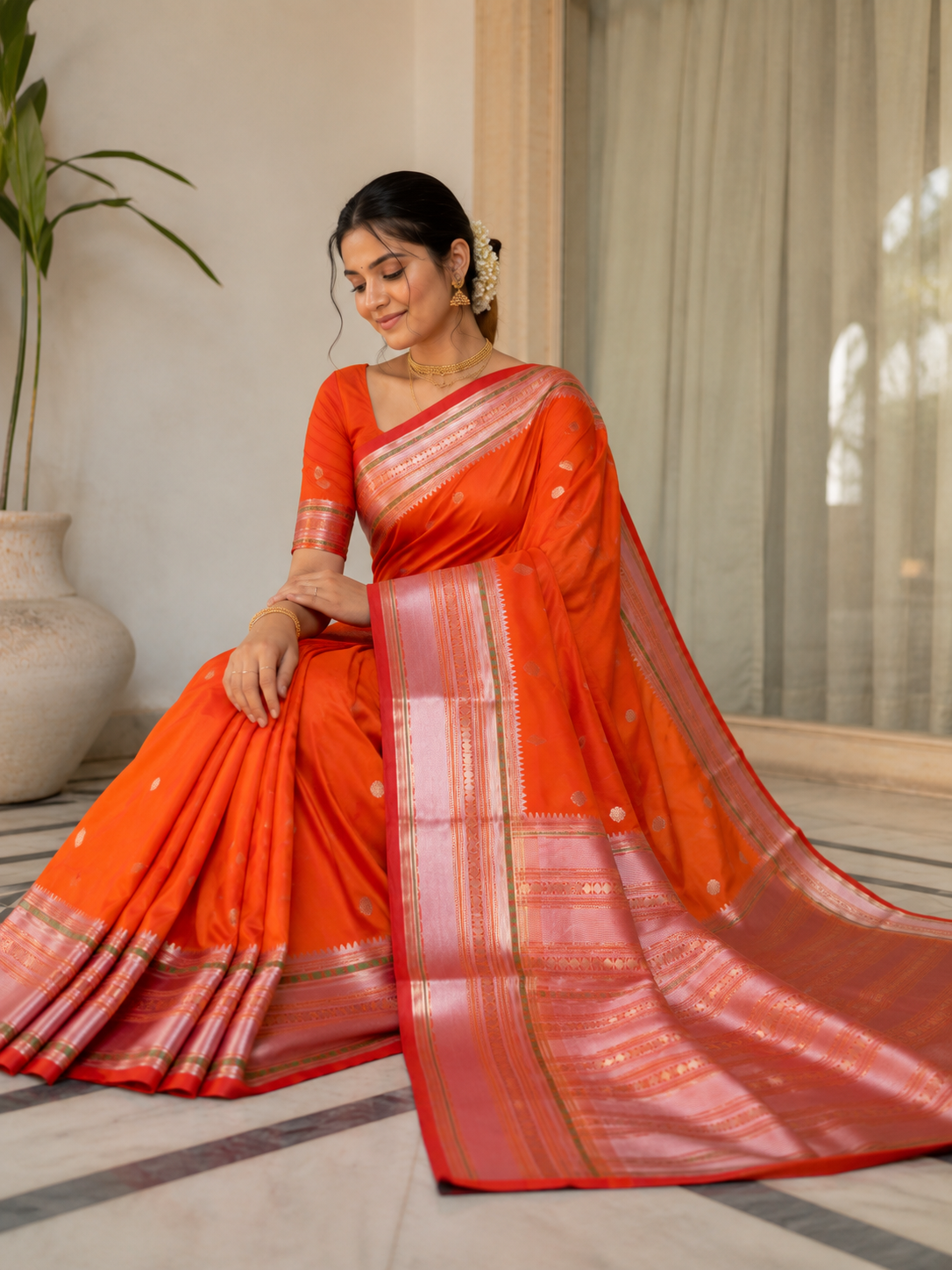 Orange Red Cotton Saree with Pink Gold Zari Border