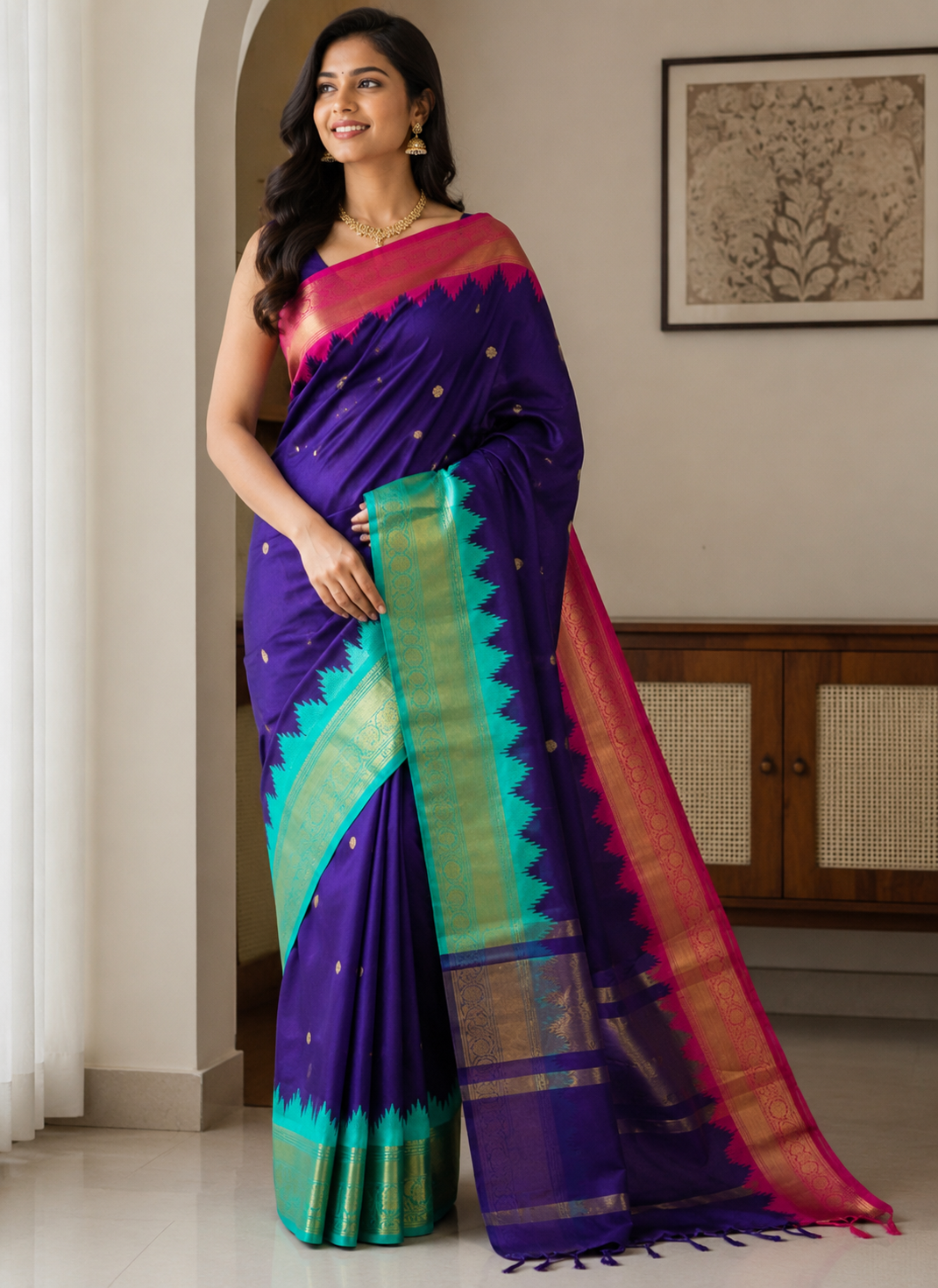 Royal Blue Katan Silk Saree with Gold Temple Border
