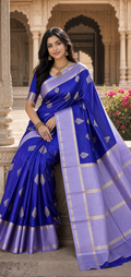 Royal Blue Cotton Saree with Silver Tree Butis