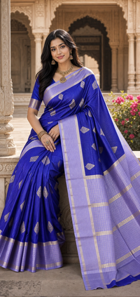 Royal Blue Cotton Saree with Silver Tree Butis