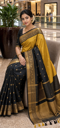 Black Banarasi Katan Silk Saree with Mustard Gold Pallu