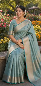 Powder Blue Tissue Silk Saree with Gold Herringbone Border
