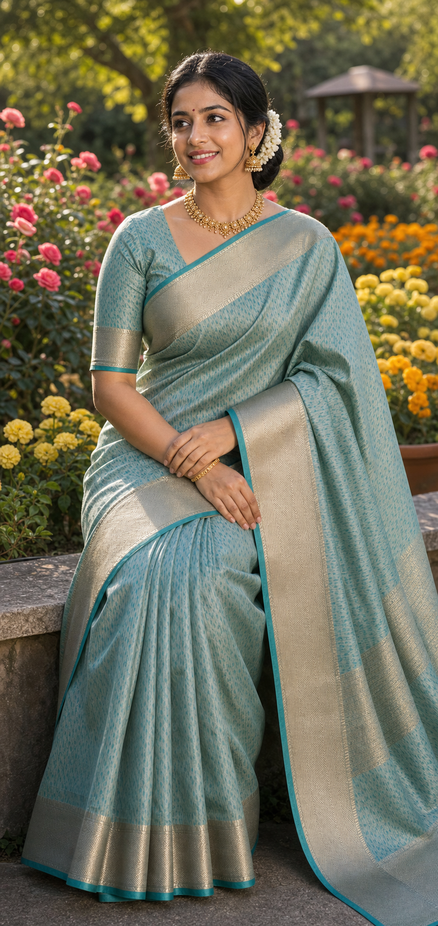 Powder Blue Tissue Silk Saree with Gold Herringbone Border