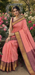 Coral Pink Banarasi Katan Silk Saree with Gold Zari