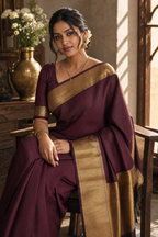 Deep Plum Cotton Silk Saree with Gold Zari Border