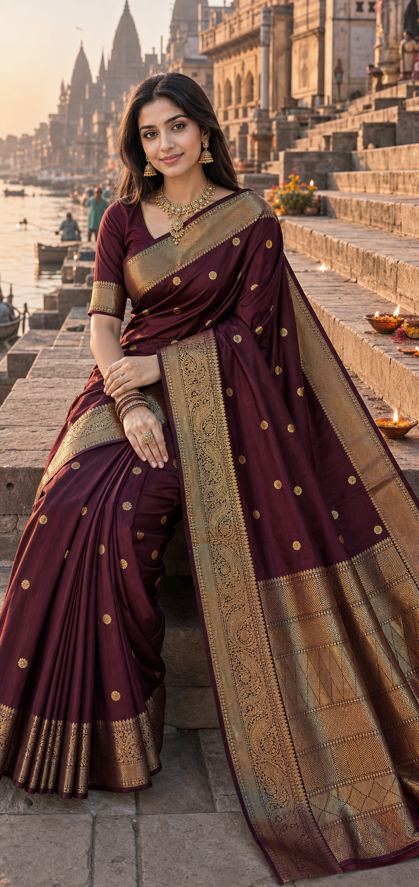 Wine Banarasi Semi Katan Silk Buti Saree