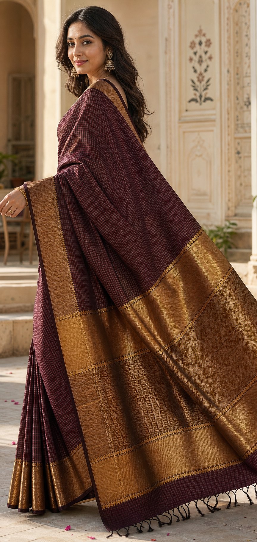 Deep Plum Cotton Silk Saree with Gold Zari Border