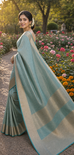 Powder Blue Tissue Silk Saree with Gold Herringbone Border