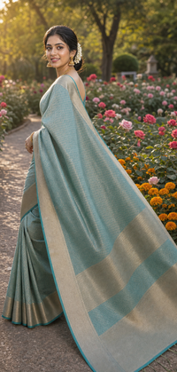 Powder Blue Tissue Silk Saree with Gold Herringbone Border
