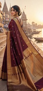 Wine Banarasi Semi Katan Silk Buti Saree