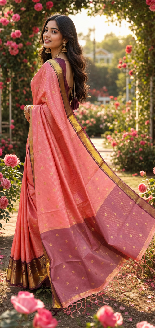 Coral Pink Banarasi Katan Silk Saree with Gold Zari