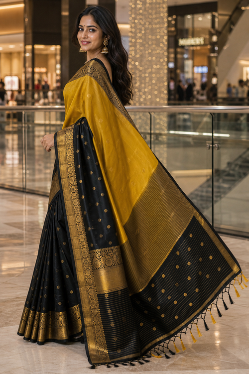 Black Banarasi Katan Silk Saree with Mustard Gold Pallu
